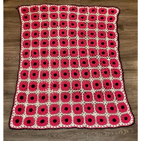 Amazing Vintage Bright Pink, Black and White Granny Square Floral Afghan Blanket